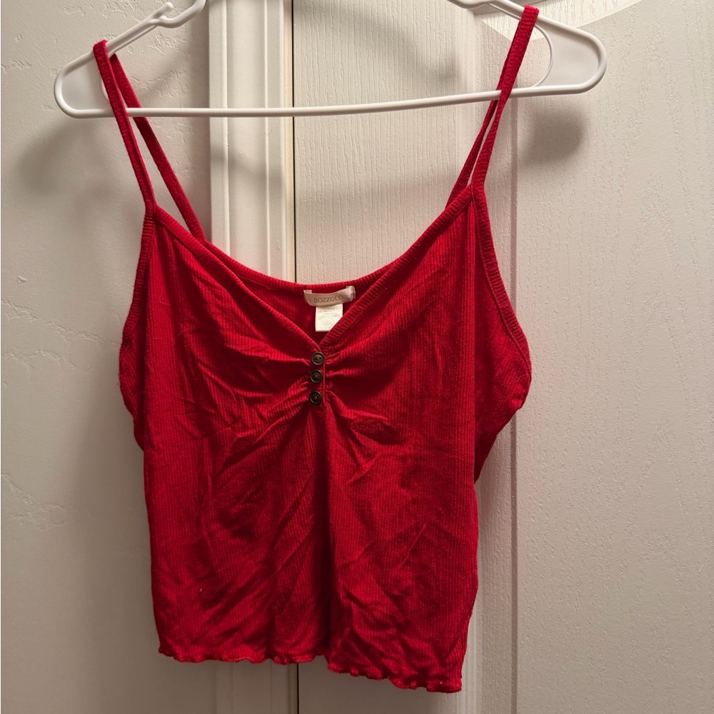 Bozzolo Red Ribbed Spaghetti Strap Tank with Center Button Detail